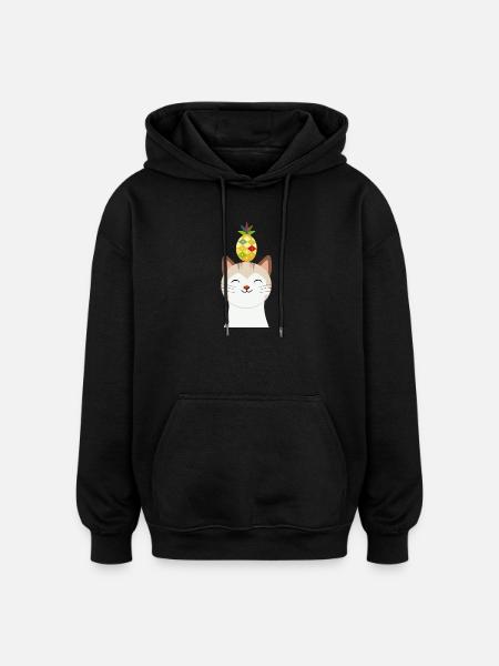 Munter kat med ananas – Tropisk dyredesign - Oversize unisex hoodie - sort