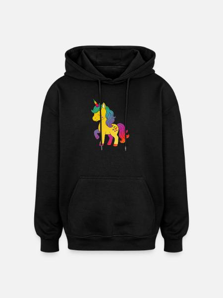 Regenbogen Einhorn Cartoon Design - Oversized Unisex Hoodie - Schwarz