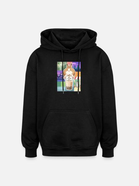 Cute Bunny Funny Boba Bubble Tea - Oversized Unisex Hoodie - black