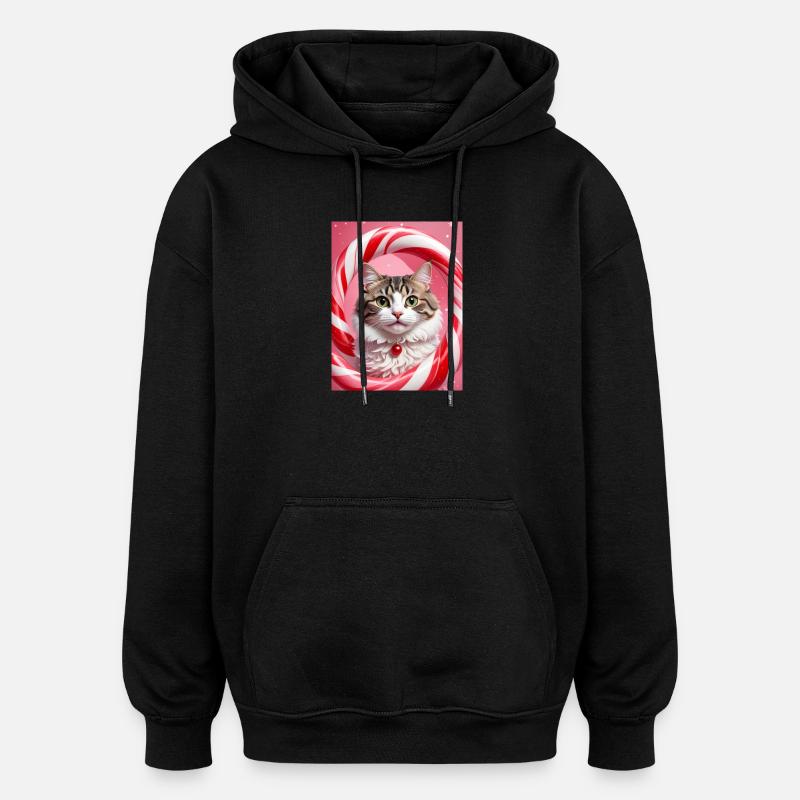 Christmas Cat in Candy Ring Design - Oversized Unisex Hoodie - black