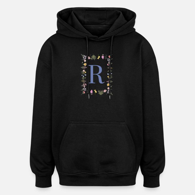 Initiales florales « R », monogramme de lettres - Sweat à capuche oversize unisexe - noir