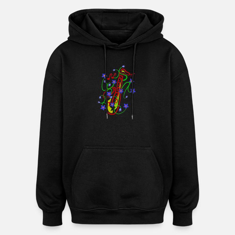 Blumenmuster mit verspieltem Saxophon design - Oversized Unisex Hoodie - Schwarz