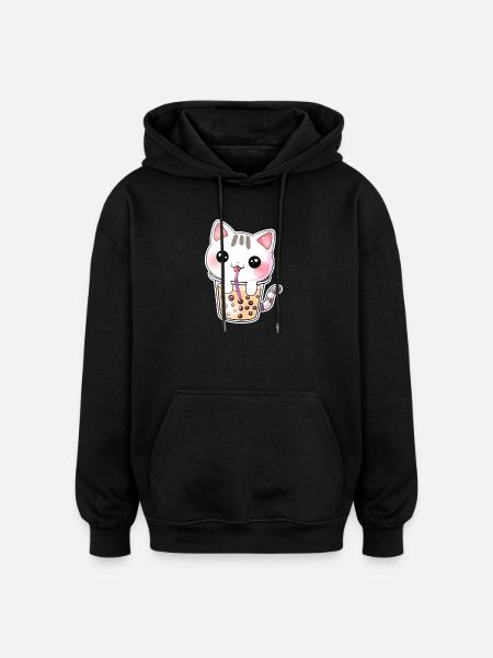 Kawaii Bubble Tea Cat - Oversized Unisex Hoodie - black