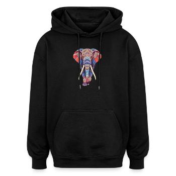 Mandala éléphant marchant frontalement dans un look coloré - Sweat à capuche oversize unisexe - noir - Devant - Noah (186cm)