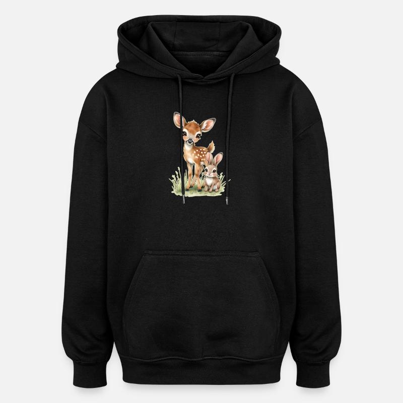 🦌🐰Faon et Tender Bunny – Illustration - Sweat à capuche oversize unisexe - noir