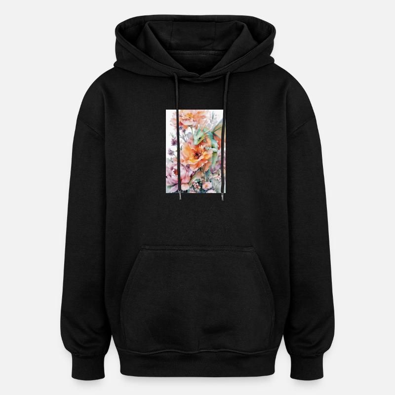 Dragon aquarelle et jardins fleuris - Sweat à capuche oversize unisexe - noir