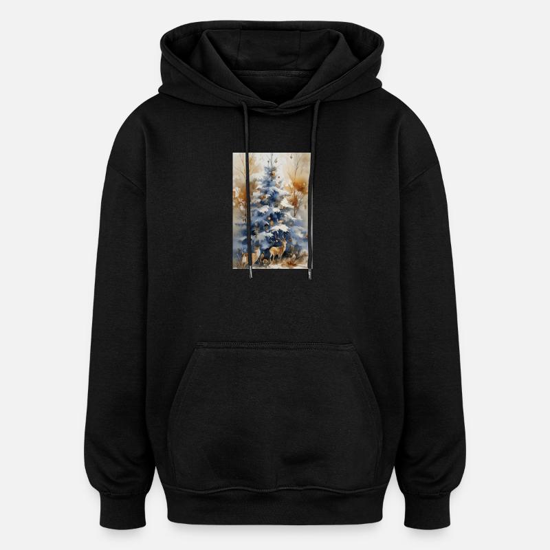 Blauer Weihnachtsbaum und Hirsch - Oversized Unisex Hoodie - Schwarz