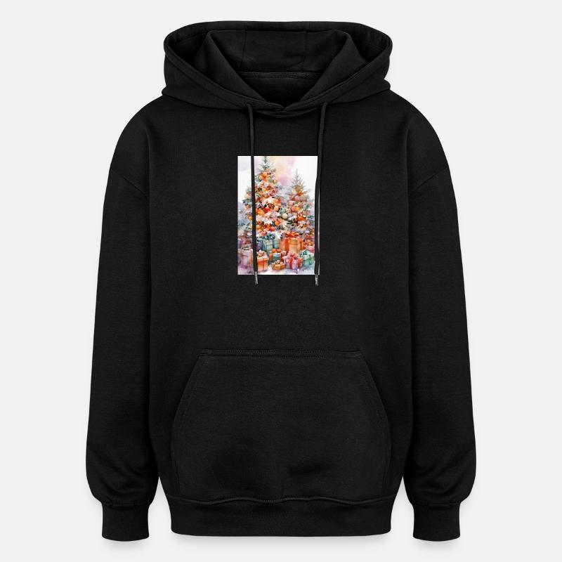 Noël Aquarelle: Arbres et Paquets - Sweat à capuche oversize unisexe - noir