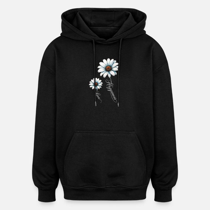 Motifs de marguerites : Amour et Bonheur - Sweat à capuche oversize unisexe - noir