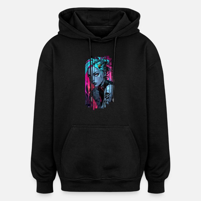 Neonblaues Cyber-Mädchen - Oversized Unisex Hoodie - Schwarz