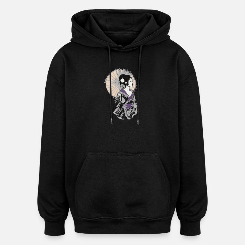 Élégance Geisha avec parasol - Sweat à capuche oversize unisexe - noir