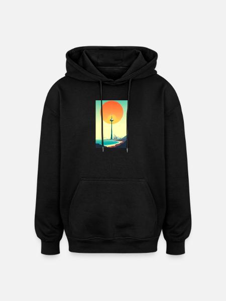 Sunset Tower Over Coastal City - Oversized Unisex Hoodie - black