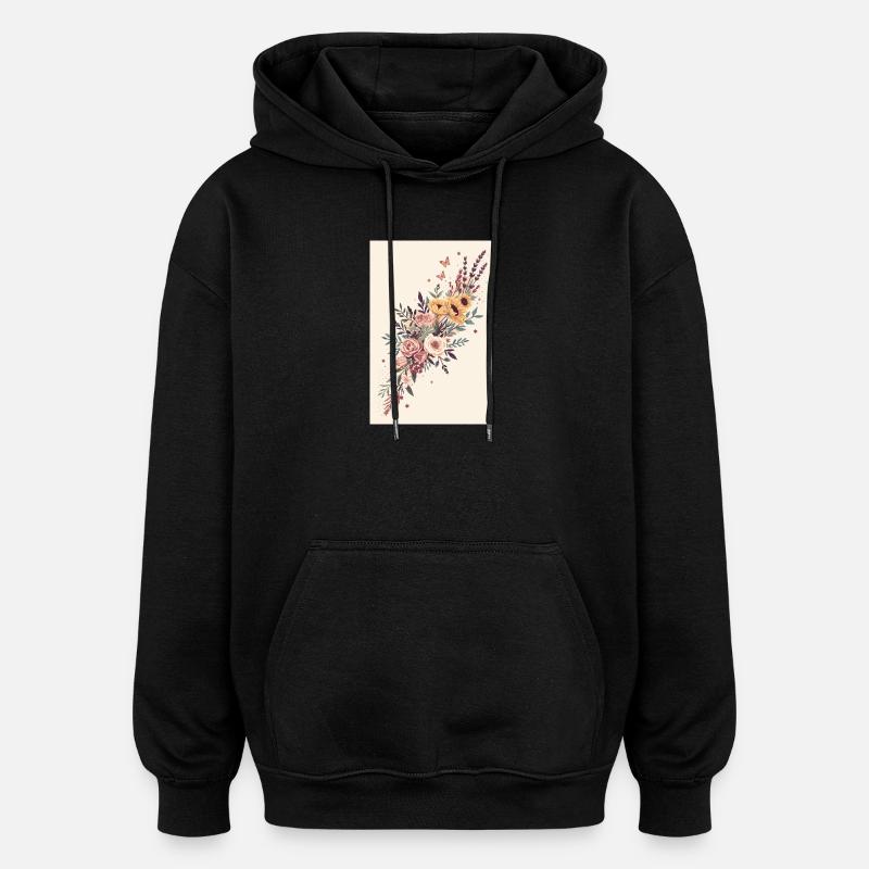 Bouquet floral aux papillons - Sweat à capuche oversize unisexe - noir