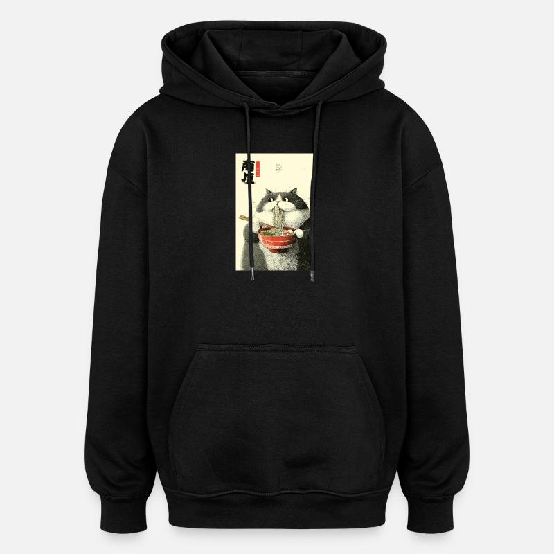 Moonlit Cat Slurping Ramen - Oversized Unisex Hoodie - black