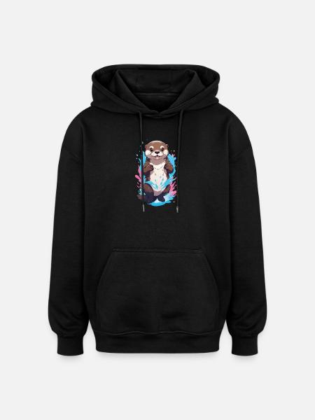 Cute Playful Otter Splash Joy - Oversized Unisex Hoodie - black