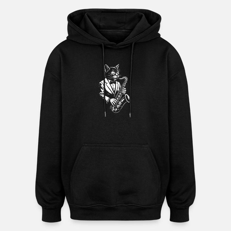 Chat Jazz en costume Saxophone - Sweat à capuche oversize unisexe - noir