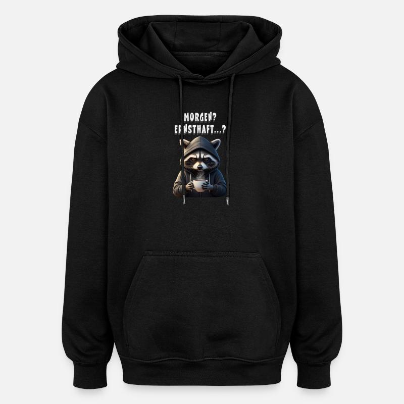 Morgenmuffel Waschbär mit Kaffee - Sweat à capuche oversize unisexe - noir