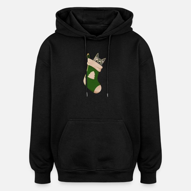Chat gris en botte verte - Sweat à capuche oversize unisexe - noir