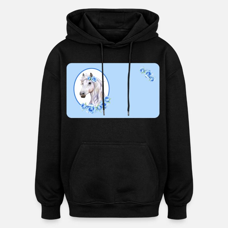 Cheval blanc - Roses bleu clair | Personnalisable - Sweat à capuche oversize unisexe - noir