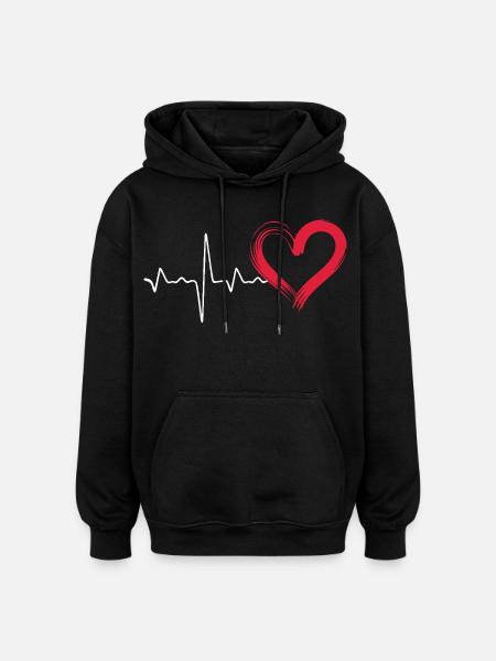 Heartbeat line with red heart - Oversized Unisex Hoodie - black