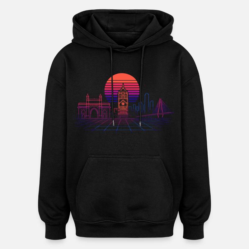 Neon Synthwave City Skyline - Mumbai - Sweat à capuche oversize unisexe - noir