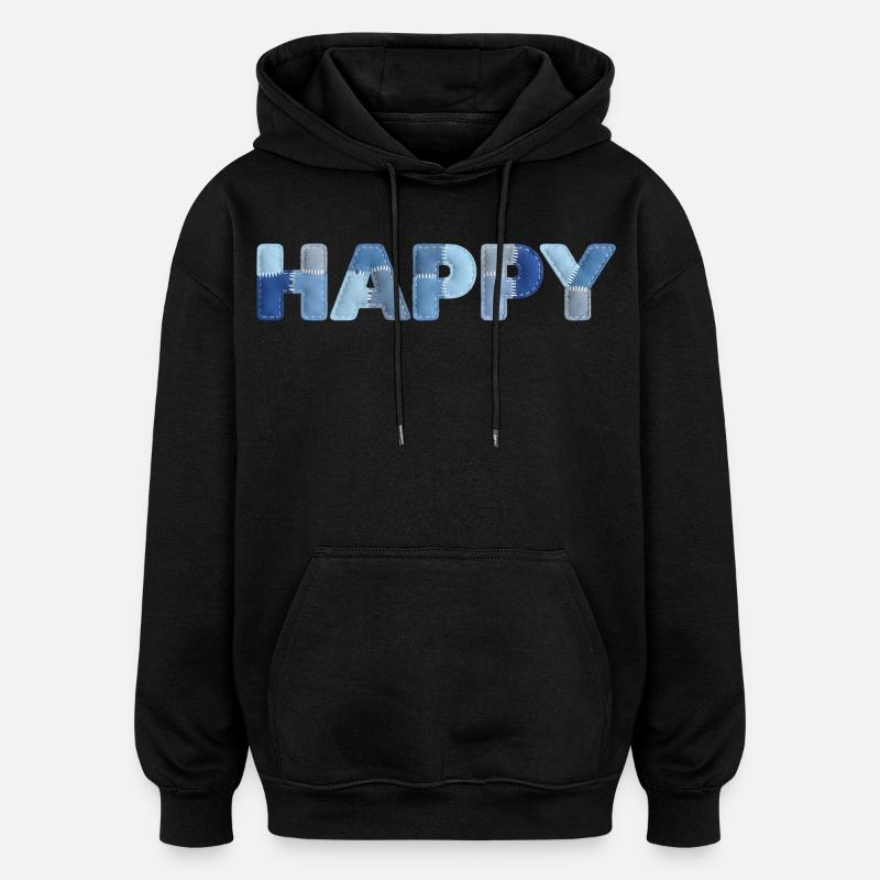 HAPPY Denim Patchwork New Trend - Oversized Unisex Hoodie - black