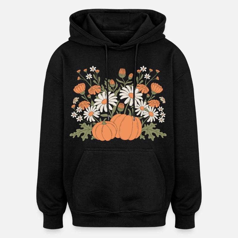 Fleurs automnales et citrouilles Illustration - Sweat à capuche oversize unisexe - noir