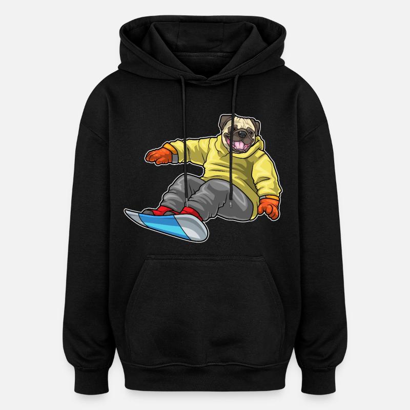 Pug Snowboarder Snowboard - Oversized Unisex Hoodie - black
