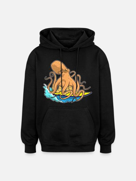 Octopus Surfing Surfboard Summer - Oversized Unisex Hoodie - black