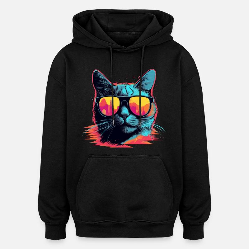 des années 90 chat Retrowave - Sweat à capuche oversize unisexe - noir