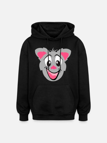 Gray Kawaii Cat Cartoon Face - Oversized Unisex Hoodie - black