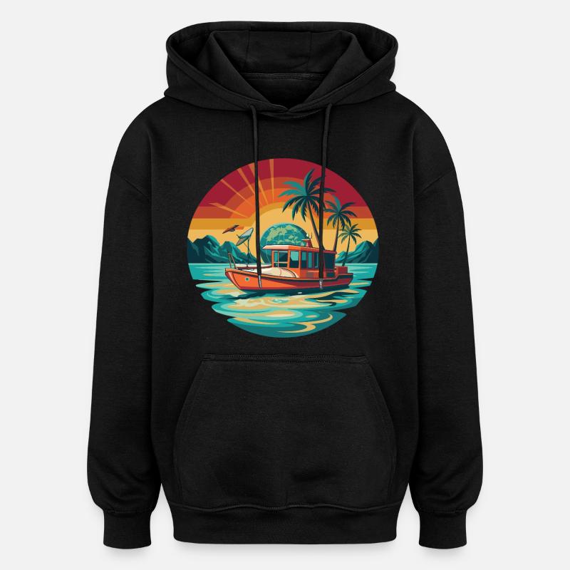 Retro Boat Sunset Tropics - Oversized Unisex Hoodie - black