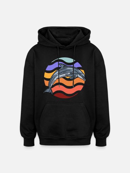 Dolphin in wave pattern - Oversized Unisex Hoodie - black