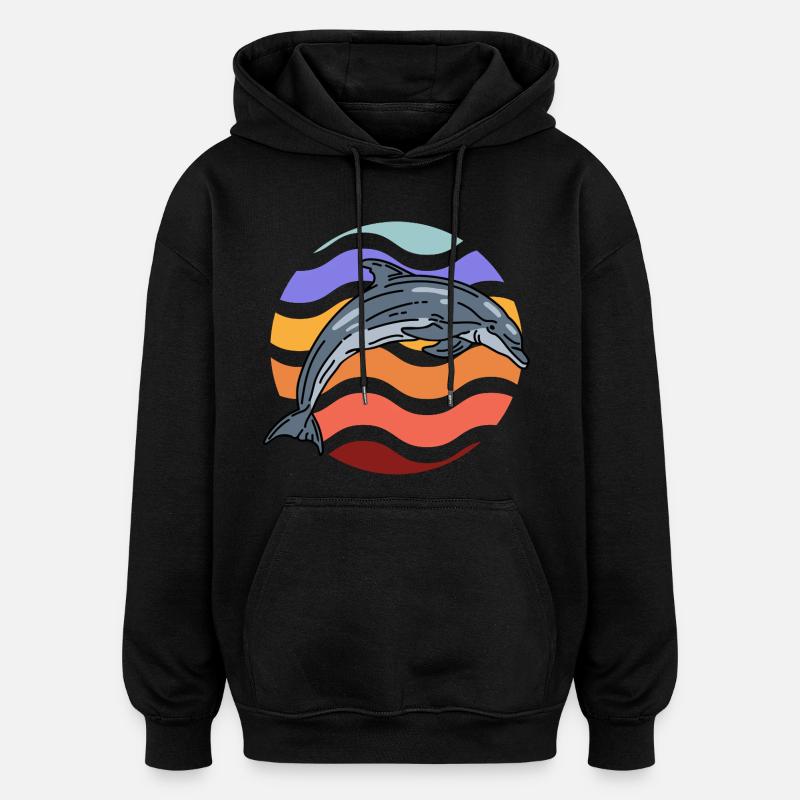 Dolphin in wave pattern - Oversized Unisex Hoodie - black