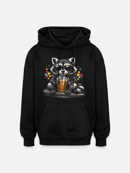 Waschbär Trinkt Eiskaffee Süß Niedlich - Oversized Unisex Hoodie - Schwarz