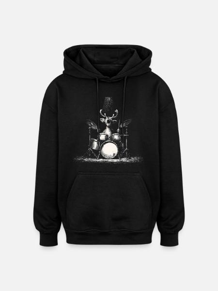 Reindeer Drums Drummer Music Rock Deer - Oversized Unisex Hoodie - black
