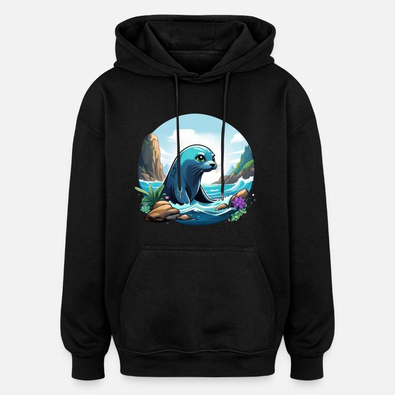 Robbe an der Küste - Oversized Unisex Hoodie - Schwarz