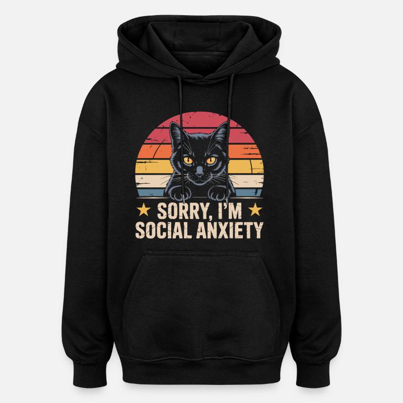Anxiété sociale du chat noir rétro - Sweat à capuche oversize unisexe - noir