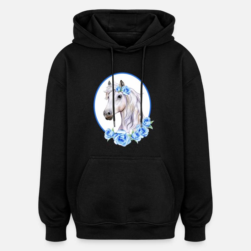 Romantisches weißes Pferd - Rosen hellblau - Oversized Unisex Hoodie - Schwarz