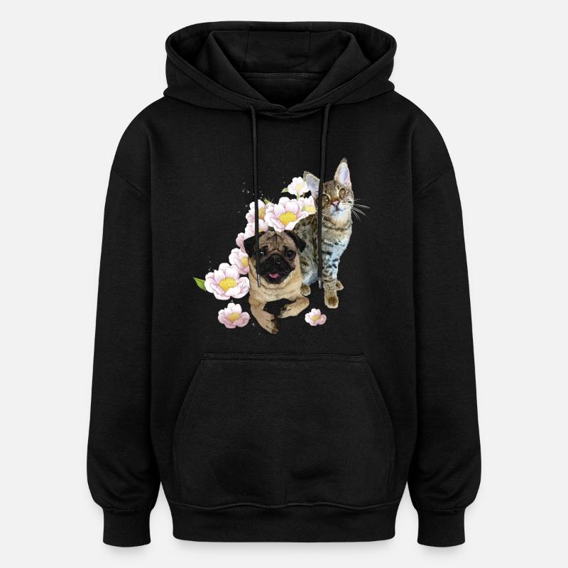 Carlin et chat - Sweat à capuche oversize unisexe - noir
