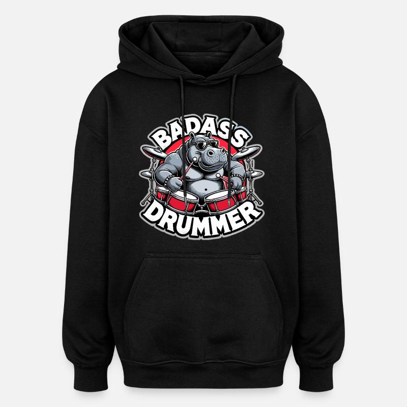 Badass Drummer Hippo Cool Gift - Oversized Unisex Hoodie - black