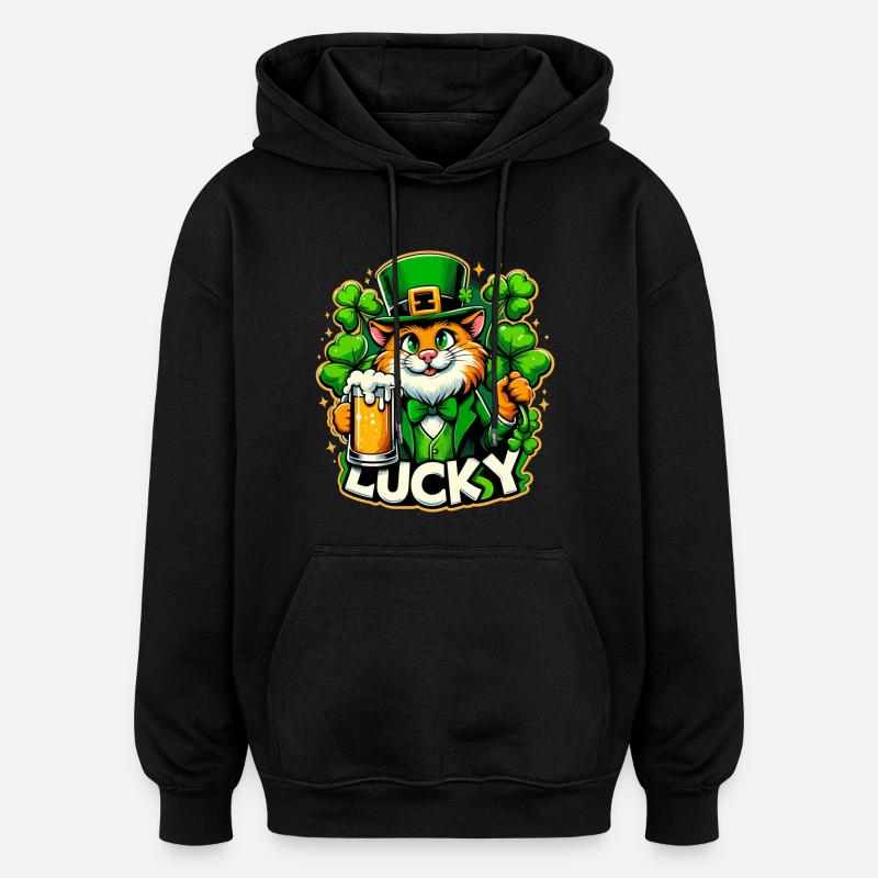 Saint-Patrick Leprechaun Cat Happy - Sweat à capuche oversize unisexe - noir