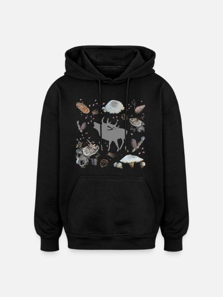 Hjorte med kogler og svampe - Oversize unisex hoodie - sort