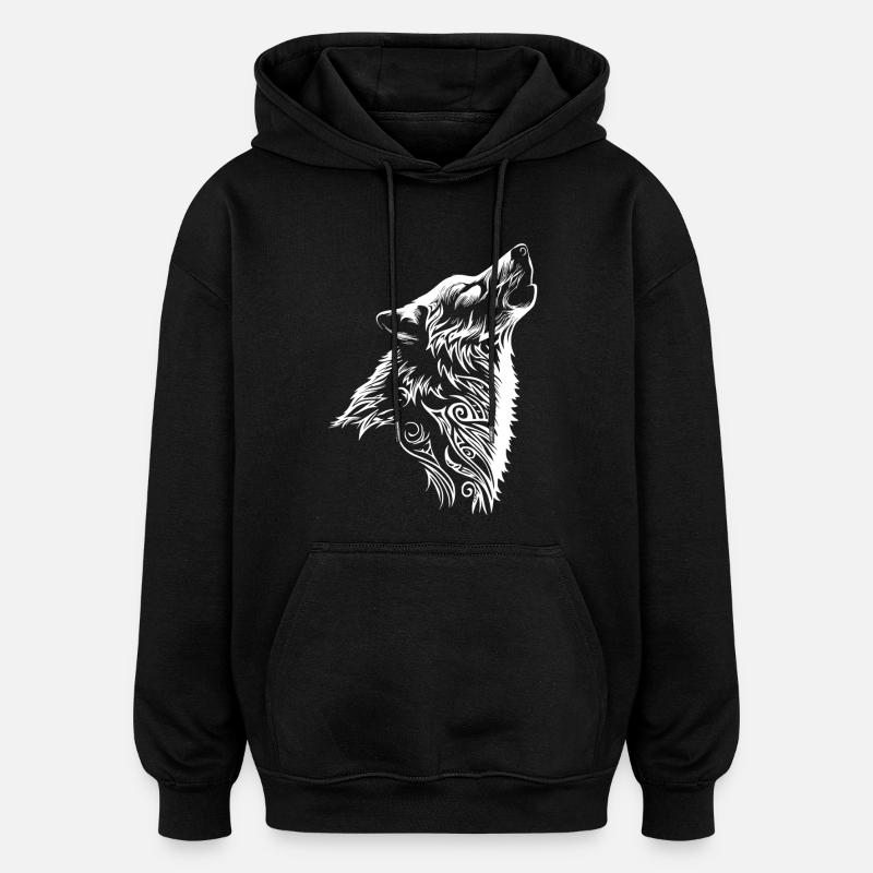 Tatouage tribal de tête de loup - Sweat à capuche oversize unisexe - noir