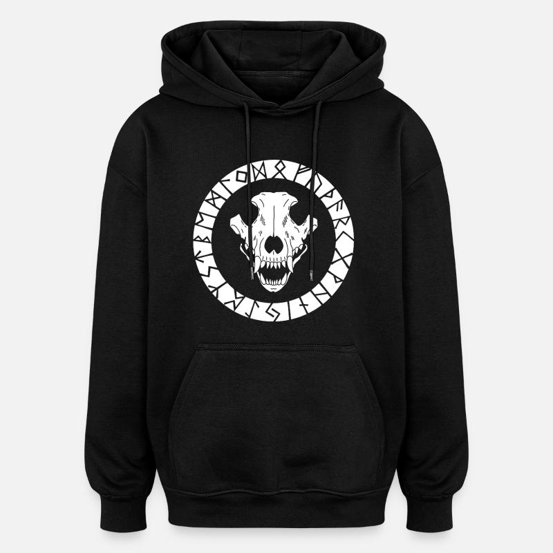 White Viking Wolf Skull - Oversized Unisex Hoodie - black