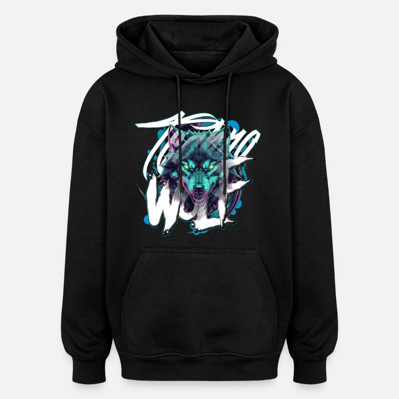Neon Techno Wolf Head–Rave Wolf - Oversized Unisex Hoodie - black