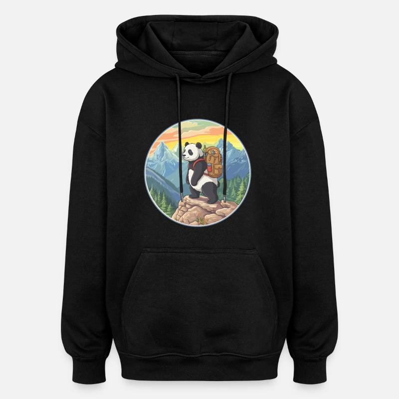 Süßer Panda Wandern, Camping Bergabenteuer - Oversized Unisex Hoodie - Schwarz