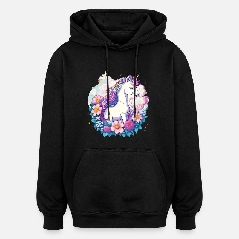 Frühlings-Einhorn mit Blumenkranz - Oversized Unisex Hoodie - Schwarz