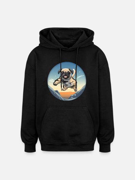 Pug jump over mountain landscape - Oversized Unisex Hoodie - black