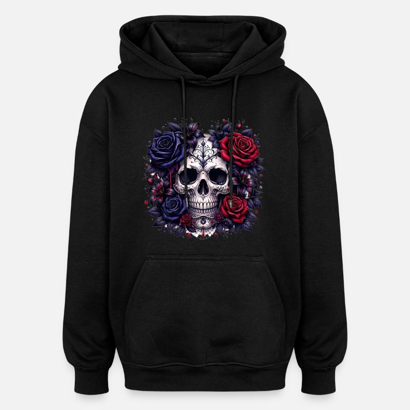 Crâne gothique avec des roses - Sweat à capuche oversize unisexe - noir